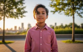 Mladý chlapec v ružovej košeli stojí v mestskom parku pri zlatom svetle so stromami a budovami v pozadí