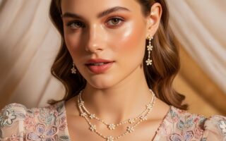 Žena v kvetinových šatách so šperkami s kvetinovým motívom na teplom pozadí