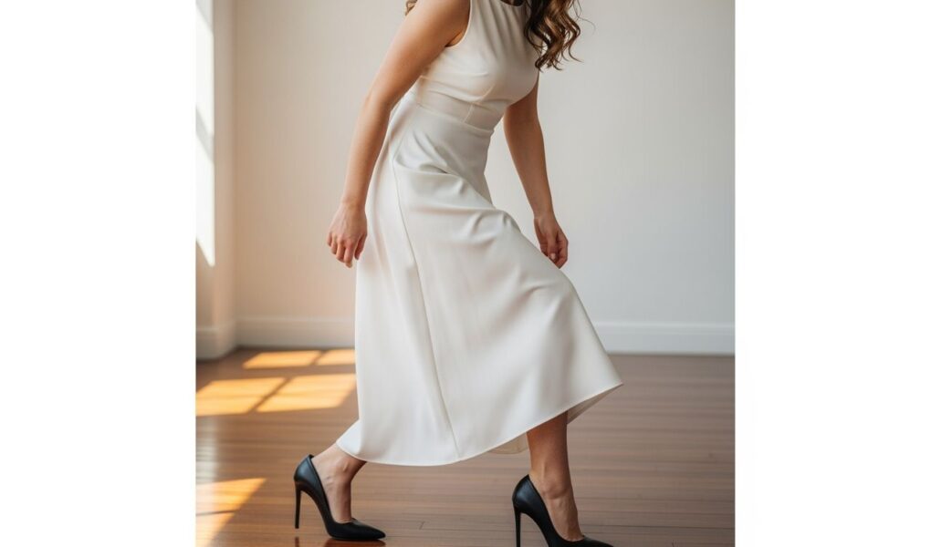 žena v bielych šatách a čiernych podpätkoch stojí na drevenej podlahe pri prirodzenom svetle