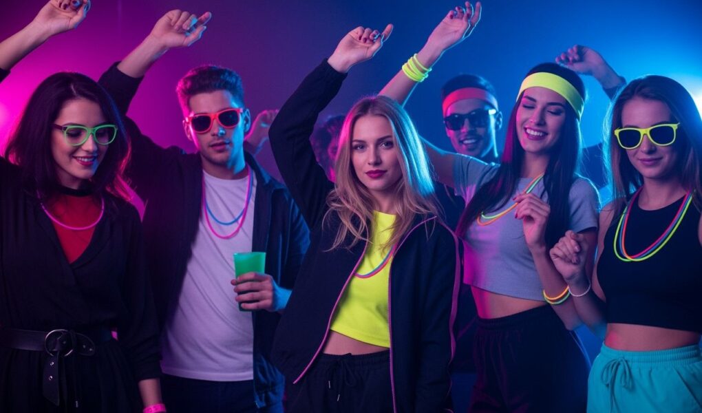 Mladí ľudia tancujú na techno párty v futuristickom oblečení pod farebnými klubovými svetlami.