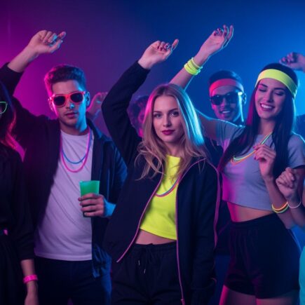 Mladí ľudia tancujú na techno párty v futuristickom oblečení pod farebnými klubovými svetlami.