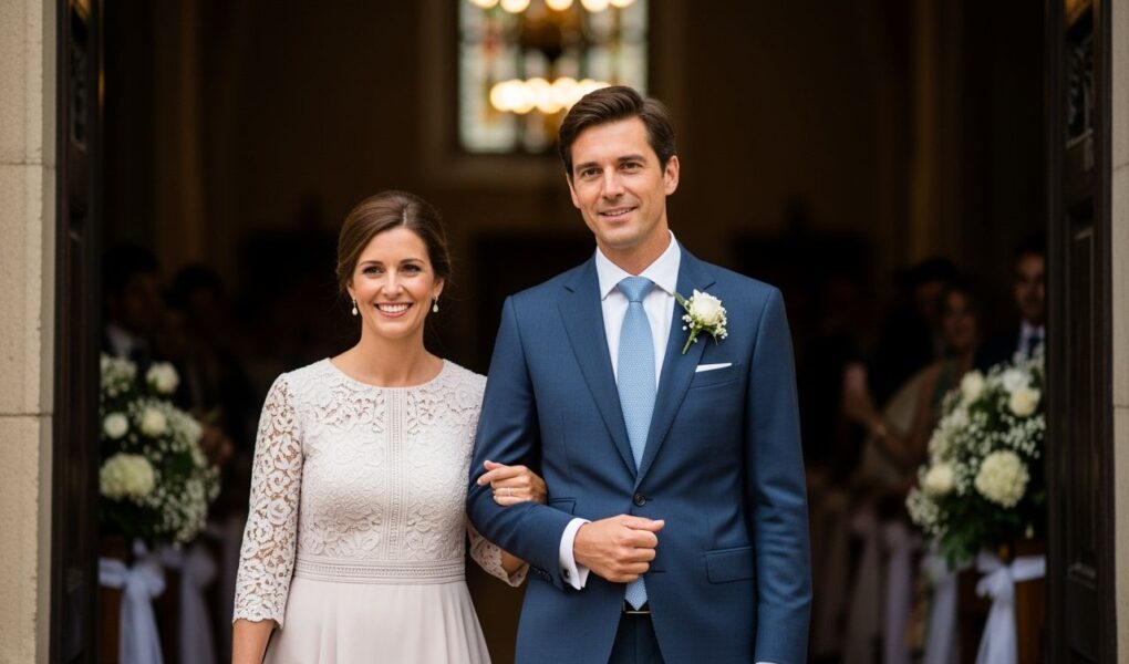 Muž a žena v elegantnom oblečení pri vchode do kostola na krstnej ceremónii s kvetinovou výzdobou.