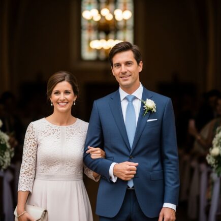 Muž a žena v elegantnom oblečení pri vchode do kostola na krstnej ceremónii s kvetinovou výzdobou.
