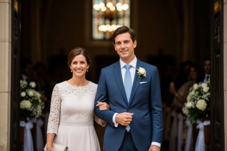 Muž a žena v elegantnom oblečení pri vchode do kostola na krstnej ceremónii s kvetinovou výzdobou.