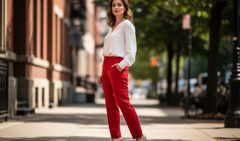 Žena v červených nohaviciach a bielej blúzke stojaca na mestskom chodníku v dennom svetle
