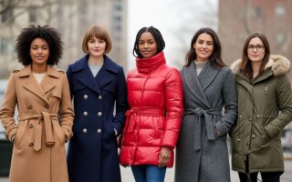 Skupina žien v rôznych zimných kabátoch, stojacich vonku na mestskom pozadí, plná postava.