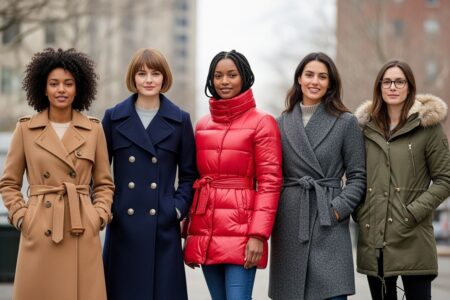 Skupina žien v rôznych zimných kabátoch, stojacich vonku na mestskom pozadí, plná postava.