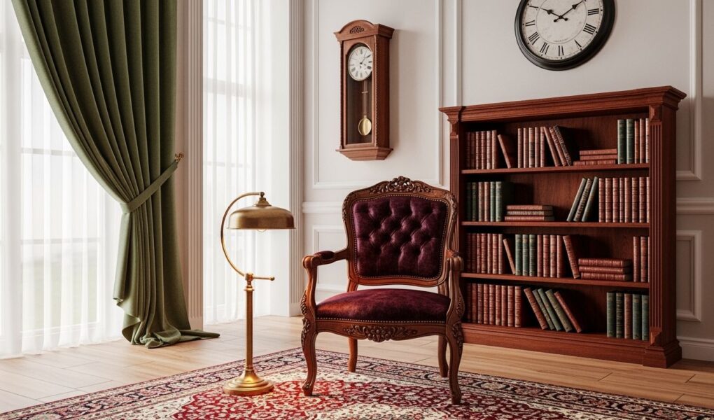 Klasická drevená stolička v elegantnej miestnosti s knižnicou, lampou a starožitnými dekoráciami.