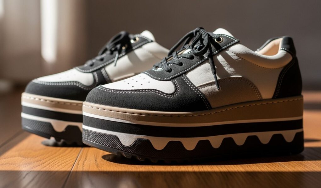 Detail platformových topánok z kože, semišu a gumy na drevenej podlahe s prirodzeným osvetlením