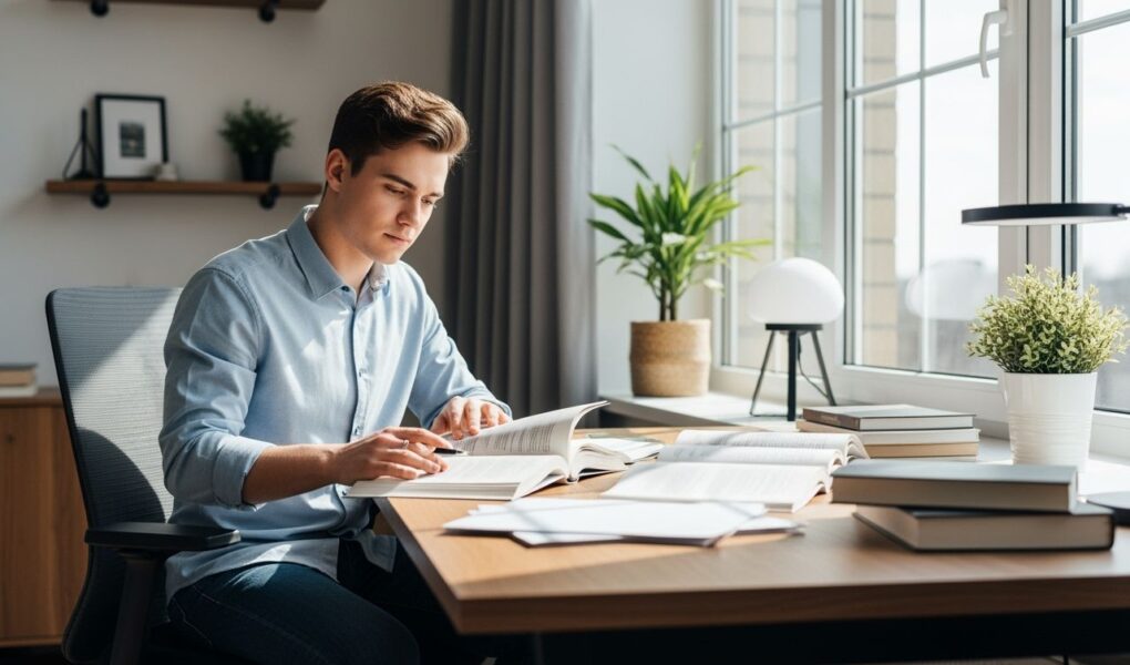 Mladý študent pripravujúci sa na skúšku pri stole so študijnými materiálmi v modernej študovni.