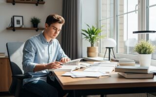 Mladý študent pripravujúci sa na skúšku pri stole so študijnými materiálmi v modernej študovni.