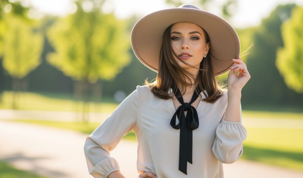 Mladá žena so širokým klobúkom stojaca v slnečnom parku, oblečená ležérne, prirodzené svetlo.