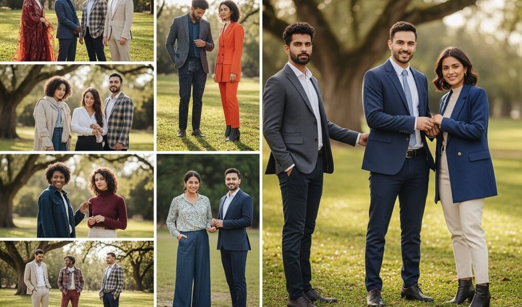 Skupina ľudí v parku pripravená na fotenie v rôznych štýloch oblečenia a prirodzenom svetle