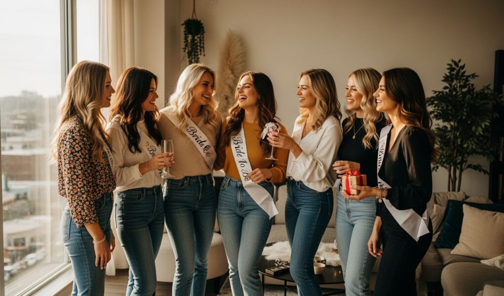 Skupina mladých žien na rozlúčke so slobodou v modernom byte, ktoré sa smejú a užívajú si spoločný čas.