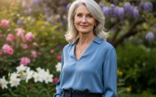 Elegantná staršia žena s prirodzenými sivými vlasmi v záhrade na jar, jemný úsmev, pohodlný outfit