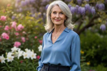 Elegantná staršia žena s prirodzenými sivými vlasmi v záhrade na jar, jemný úsmev, pohodlný outfit