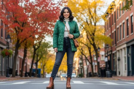 módna mladá žena v modernom prešívanom kabáte na mestskej ulici v jesennom prostredí