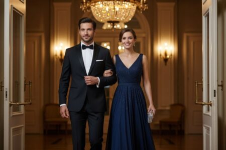 Elegantný pár kráča na gala večierok v spoločenskom oblečení pod veľkým lusterom v luxusnom prostredí.