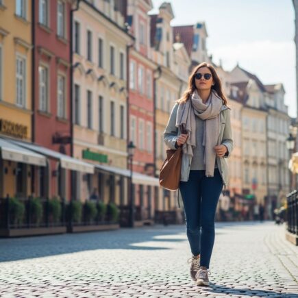 Mladá žena kráča ulicou európskeho mesta v pohodlnom oblečení, okolo kaviarenské prostredie a historické budovy.