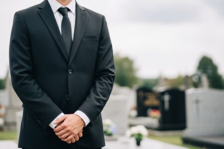 Človek v čiernom obleku stojí na cintoríne pri hrobových kameňoch v tichom pohrebnom prostredí.