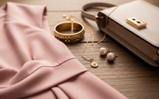 detail jemnej ružovej látky so zlatými šperkami, perlovými náušnicami a béžovou kabelkou na drevenom povrchu