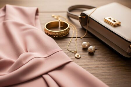 detail jemnej ružovej látky so zlatými šperkami, perlovými náušnicami a béžovou kabelkou na drevenom povrchu