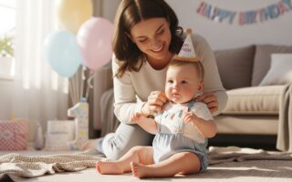 Matka oblieká ročné dieťa v oslávnom oblečení v slnečnej obývačke s balónmi na pozadí.