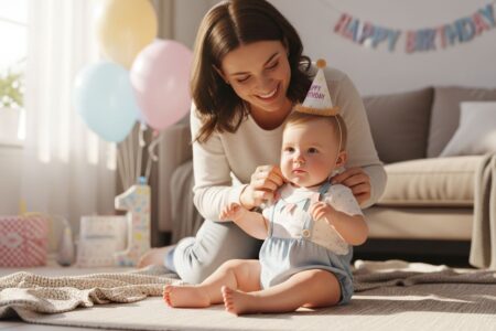 Matka oblieká ročné dieťa v oslávnom oblečení v slnečnej obývačke s balónmi na pozadí.