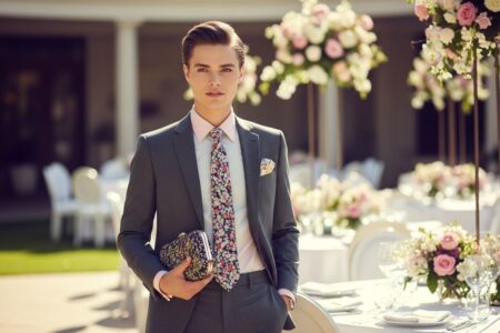 Štýlový hosť na svadbe v elegantnom prostredí drží kabelku, oblečený v obleku s kvetinovou kravatou