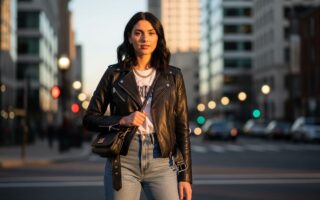 Mladá žena v čiernej koženej bunde stojí na mestských uliciach počas zlatej hodiny.