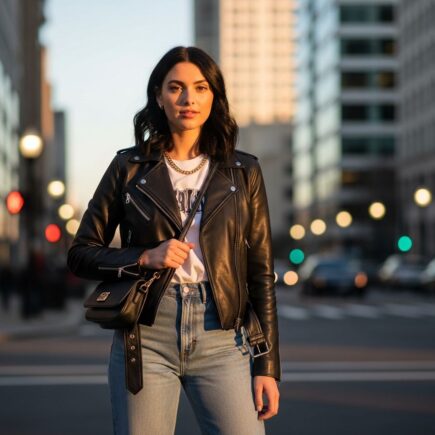 Mladá žena v čiernej koženej bunde stojí na mestských uliciach počas zlatej hodiny.