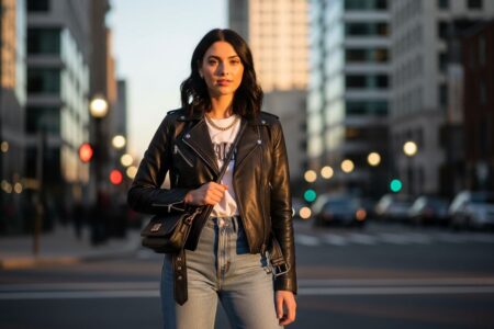 Mladá žena v čiernej koženej bunde stojí na mestských uliciach počas zlatej hodiny.