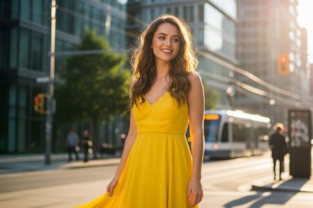 mladá žena v žltých šatách stojaca na mestských uliciach so svetlom a úsmevom