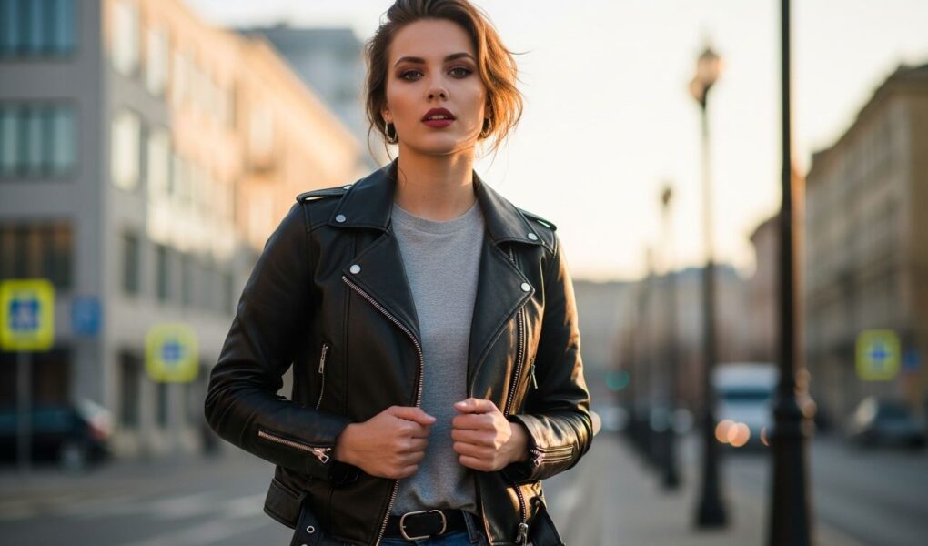Mladá žena v koženej bunde stojaca na ulici počas zlatého hodiny, mestské pozadie rozostrené.