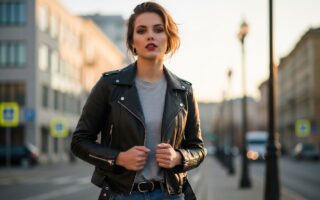 Mladá žena v koženej bunde stojaca na ulici počas zlatého hodiny, mestské pozadie rozostrené.