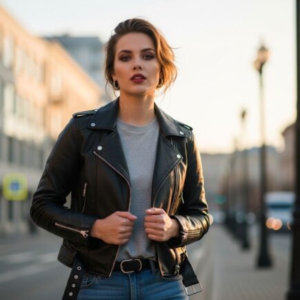 Mladá žena v koženej bunde stojaca na ulici počas zlatého hodiny, mestské pozadie rozostrené.