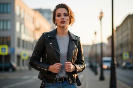 Mladá žena v koženej bunde stojaca na ulici počas zlatého hodiny, mestské pozadie rozostrené.