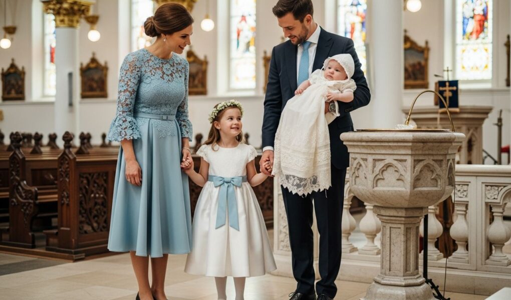 Rodina na krste v jasnej kostolnej interiéri v elegantnom oblečení, usmievajúca sa a komunikujúca.