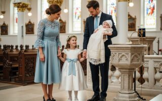 Rodina na krste v jasnej kostolnej interiéri v elegantnom oblečení, usmievajúca sa a komunikujúca.