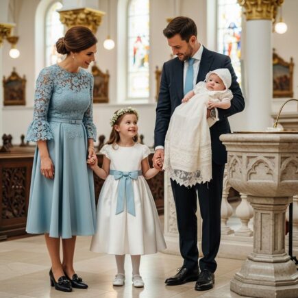 Rodina na krste v jasnej kostolnej interiéri v elegantnom oblečení, usmievajúca sa a komunikujúca.