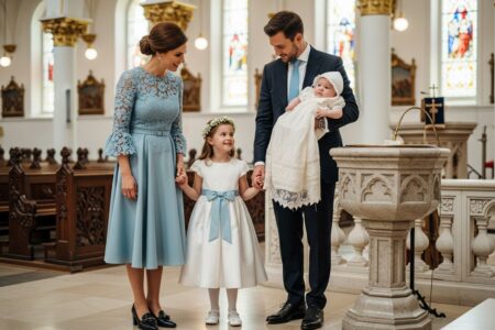 Rodina na krste v jasnej kostolnej interiéri v elegantnom oblečení, usmievajúca sa a komunikujúca.