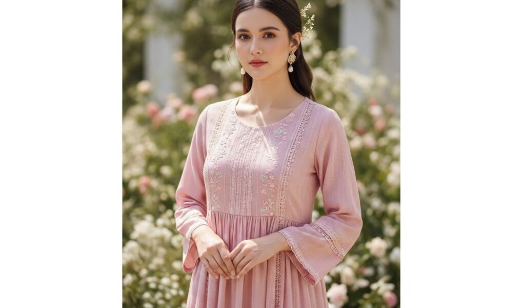 žena v jemných ružových šatách s krajkou stojaca v prírodnom svetle pred rozmazaným kvetinovým pozadím