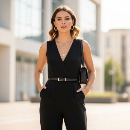 Štýlová žena v čiernom overale s doplnkami stojaca v slnečnom mestskom prostredí.
