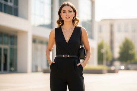 Štýlová žena v čiernom overale s doplnkami stojaca v slnečnom mestskom prostredí.