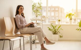 Mladá žena sediaca v čakárni gynekologickej kliniky pri veľkom okne s taškou na kolenách.
