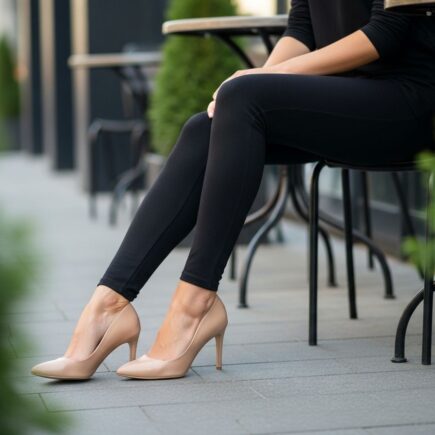 Módna žena sediaca na chodníku v čiernych legínach a béžových lodičkách v mestskom prostredí