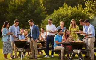 Skupina odborníkov v smart casual oblečení pri vonkajšom firemnom grilovaní v prírode počas popoludnia