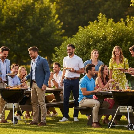 Skupina odborníkov v smart casual oblečení pri vonkajšom firemnom grilovaní v prírode počas popoludnia