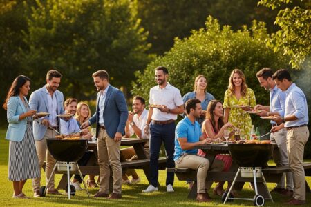 Skupina odborníkov v smart casual oblečení pri vonkajšom firemnom grilovaní v prírode počas popoludnia