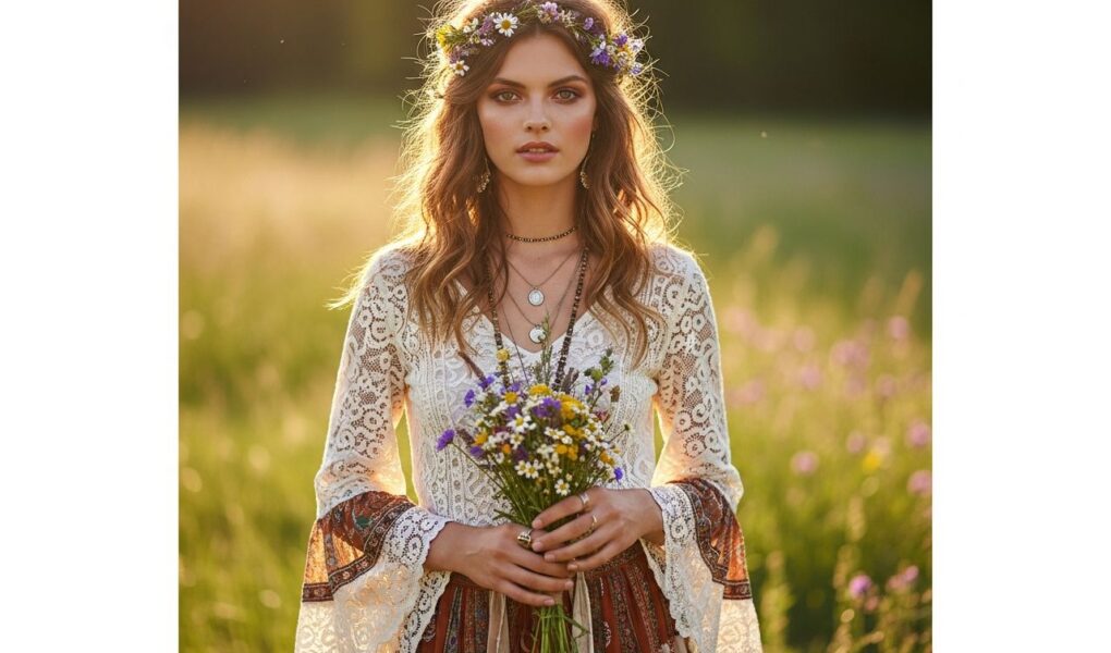 Mladá žena v boho svadobnom outfite v lúke so zväzkom divých kvetov za zlatej hodiny.